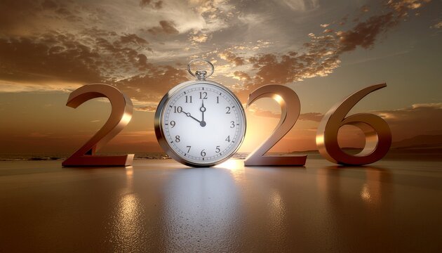 Countdown to 2026 with a classic pocket watch on a serene beach at sunset, symbolizing new beginnings and passage of time - Powered by Adobe