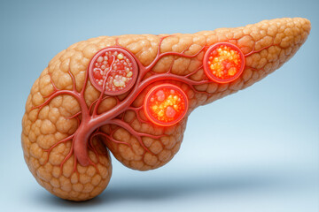 3D medical illustration of pancreas with localized pancreatitis 