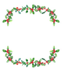 Holly watercolor border, frame for traditional Christmas cards, New Year, nature, plant, berries, leaves, branches, green, evergreen, botanical, forest, tree, isolated image, clipart, 300 dpi PNG
