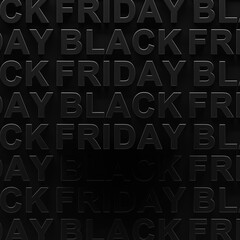 Repeating pattern of Black Friday text with dark shadows on black background. 3d render graphic of Black Friday text. Dark shadowy Black Friday sales, announcement, or advertisement for Black Friday.