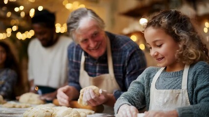 Happy girl helping bake cookies with family at home during Christmas holidays, focus on a child cooking. Baking at home. - Powered by Adobe