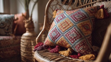 Colorful decorative pillow on a woven chair in a cozy living room during the afternoon