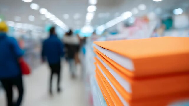Colorful spiral notebook on store shelf with blurred people shopping in background for back to school supplies or office stationery.