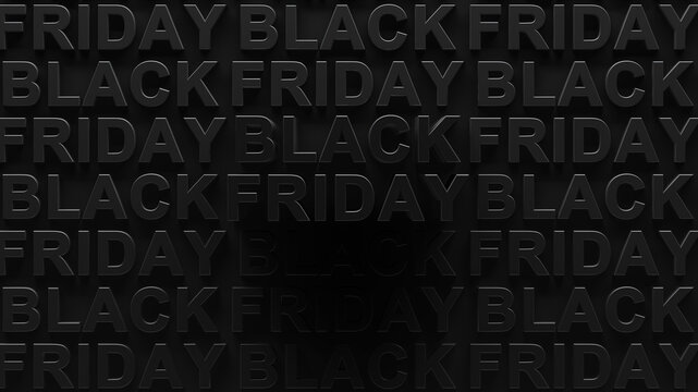 Repeating pattern of Black Friday text with dark shadows on black background. 3d render graphic of pop out Black Friday text. Dark shadowy Black Friday sales, or advertisement for Black Friday.