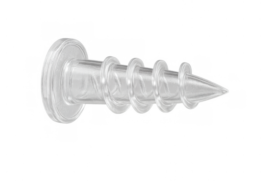 Transparent plastic self-drilling wall anchor on a transparent background. Fastener for securely mounting objects to drywall