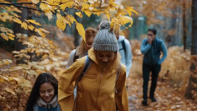 Woman hiking with friends in autumn forest. Group of diverse young adults enjoying an outdoor nature walk and adventure.