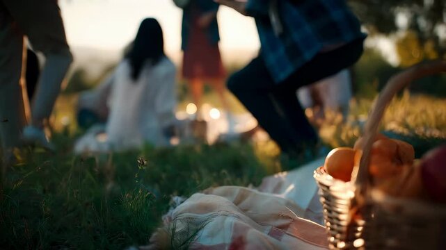 Wicker picnic basket with fruit and pastries on a blanket, with people enjoying outdoor leisure background. Concept of summer outing.