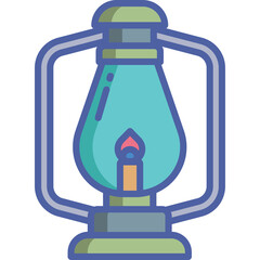 Classic Lantern With Teal Glass And Orange Flame Isolated On White Background With Outline Detail