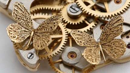 Intricate golden butterfly decorations adorn the complex inner workings of a precision timepiece movement