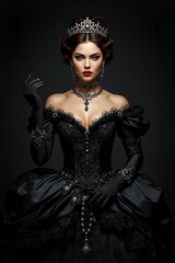 Elegant Queen in Black Victorian Ball Gown and Diamond Tiara