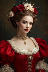 Woman in Romantic Victorian Red Gown and Floral Headdress