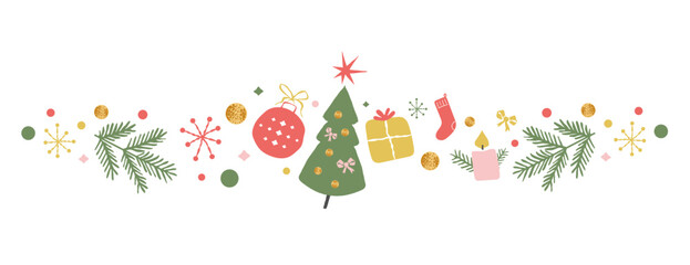 Christmas border illustration with xmas tree and festive decorations on white background