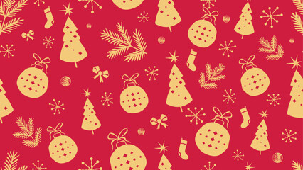 Seamless Christmas pattern with golden branches and festive decorations on red background
