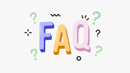 Colorful FAQ concept with bold 3d letters and playful question marks on white background
