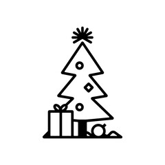 Christmas tree line icon with gifts and ornaments in simple black outline style on white background