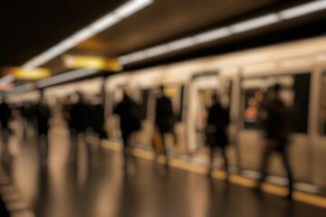 Abstract blurred of passengers walking on walkway at railway station use for the background. Blurred people waiting for subway at station, transportation background. background of people in subway