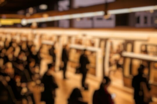 Blur Background of Busy urban subway station filled with commuters waiting for train as sunlight filters through the underground. Defocused Image for Background.