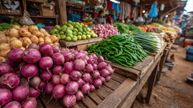 Colorful array of fresh vegetables in busy outdoor market stalls
