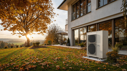 Modern heat pump on lawn with autumn leaves by contemporary house at sunset