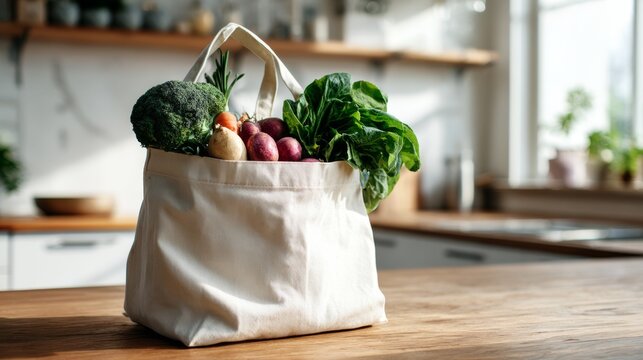 Fresh vegetables in a reusable bag on a wooden kitchen table near bright windows during daylight hours