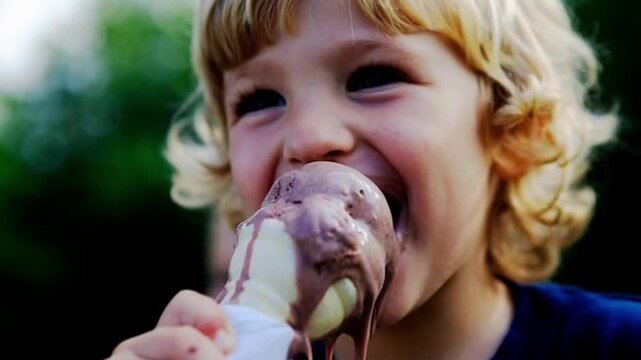Young child with curly blonde hair eagerly eating a melting ice cream cone outdoors against a dark green backdrop.
