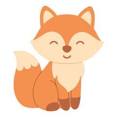 Cute cartoon fox sitting happily. Cozy autumn animal simple illustration symbolizing warmth, nature and woodland charm in fall season design. Flat vector. Hand drawn. Isolated background.
