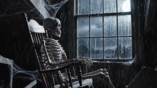 A skeletal figure in a rocking chair waits through a rainy night by a cobwebbed window