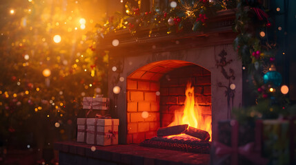 Magic Christmas fireplace. Magical background.