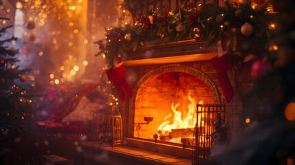 Magic Christmas fireplace. Magical background.