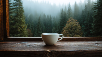 Coffee cup on window sill looking at misty forest