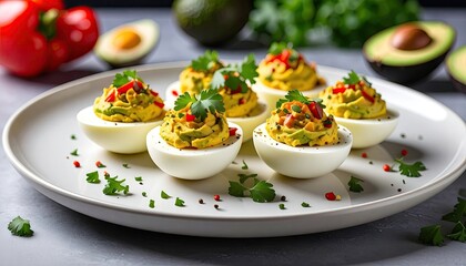 Deviled Eggs Garnished With Cilantro and Paprika on a White Plate with Avocado and Red Pepper