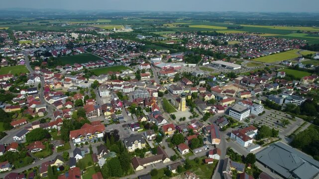 Aerial view around the city Pocking in Germany., Bavaria on a sunny afternoon in spring.