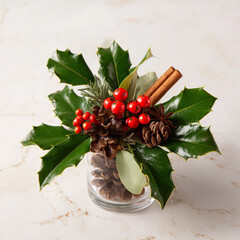 Christmas winter holiday decoration featuring holly and pinecones