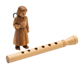 Wooden shepherd figurine and flute rustic workshop display isolated on transparent background