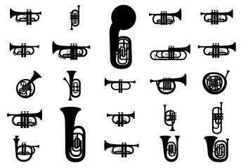 Black silhouettes of various brass musical instruments arranged in a grid pattern