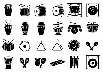 Collection of black and white silhouette icons representing various percussion musical instruments