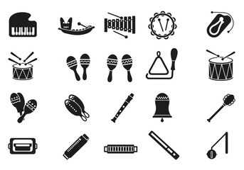 A grid of twenty black silhouette icons representing various musical instruments
