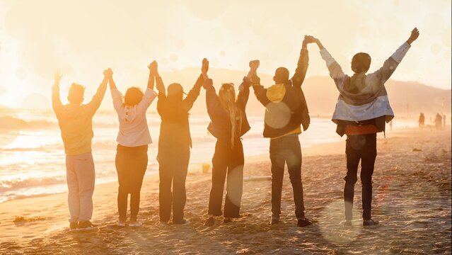 Freedom background, community of people by the beach