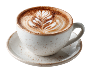 Crafting artisan coffee latte with leaf design in cozy  setting isolated on transparent background