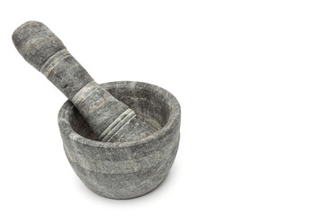 Gray stone mortar on white background