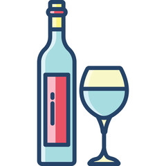 Clear glass wine bottle with a red label standing next to a full wine glass filled with pale blue liquid on a transparent background vector illustration