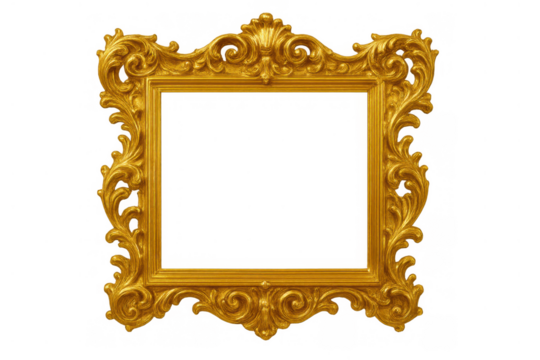 Ornate gold baroque frame with antique design for luxury decoration and classic style on transparent background