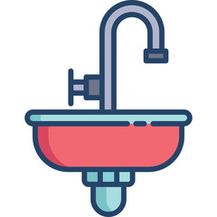 Clean red sink with blue metallic faucet and plumbing in a simple illustration on a transparent background perfect for design projects and concepts
