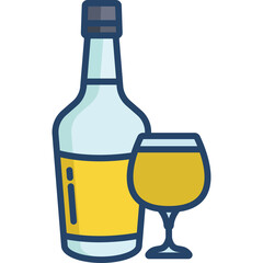 Clear Glass Bottle with Yellow Label Beside a Goblet Filled with Golden Liquid on Transparent Background