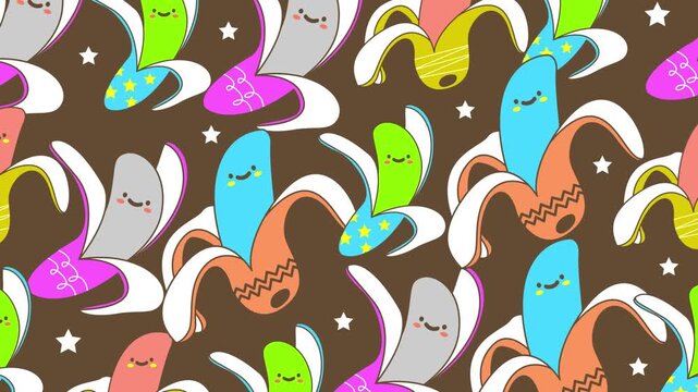 Playful repeating pattern featuring vibrant cartoon bananas with cheerful faces. The fun and lively design uses bright, dynamic colors on a brown background to convey positivity and whimsy.
