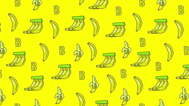 Fun banana-themed pattern with peeled, bunch, and single bananas plus letter B on bright yellow. Great for kids&rsquo; decor, packaging, textiles, and educational fruit visuals