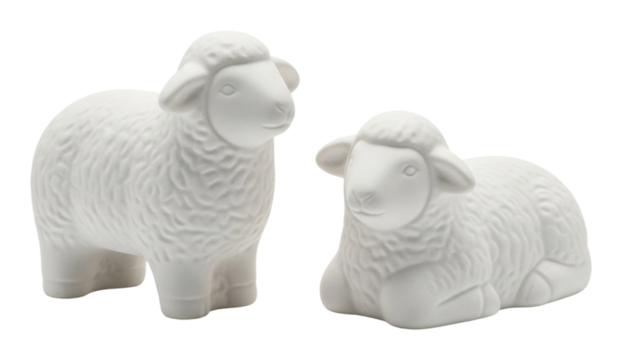 Playful white sheep figurines home ceramic cozy isolated on transparent background