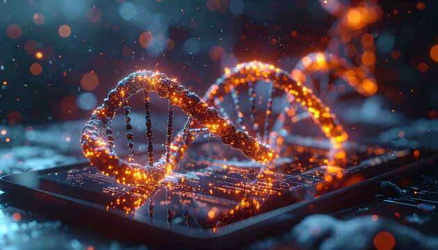 DNA Helix on Digital Canvas: A mesmerizing representation of a DNA helix glows with vibrant energy, resting upon a digital tablet, symbolizing the intersection of genetics and technology. 