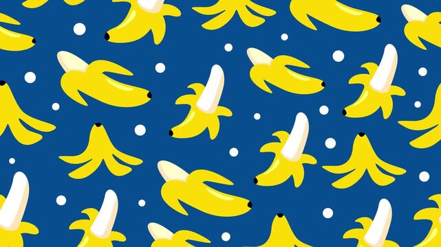 Vibrant banana graphics on a deep blue backdrop create a playful, tropical pattern suitable for textiles, wallpapers, and digital design projects. Bright, cheerful, and versatile stock image.