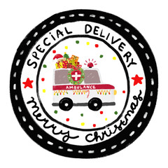 cute christmas xmas Rounded sticker stamp delivery package gift label tag with ambulance rescue team vehicle transportation in kids doodle hand drawn watercolor crayon illustration vector